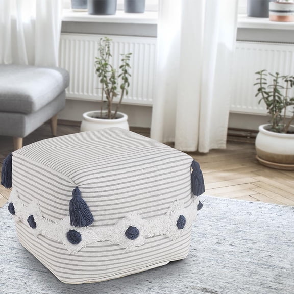 LR Home Small Over-tufted Striped Indoor Square Pouf, Gray/Ivory, 18" x 18" x 14"