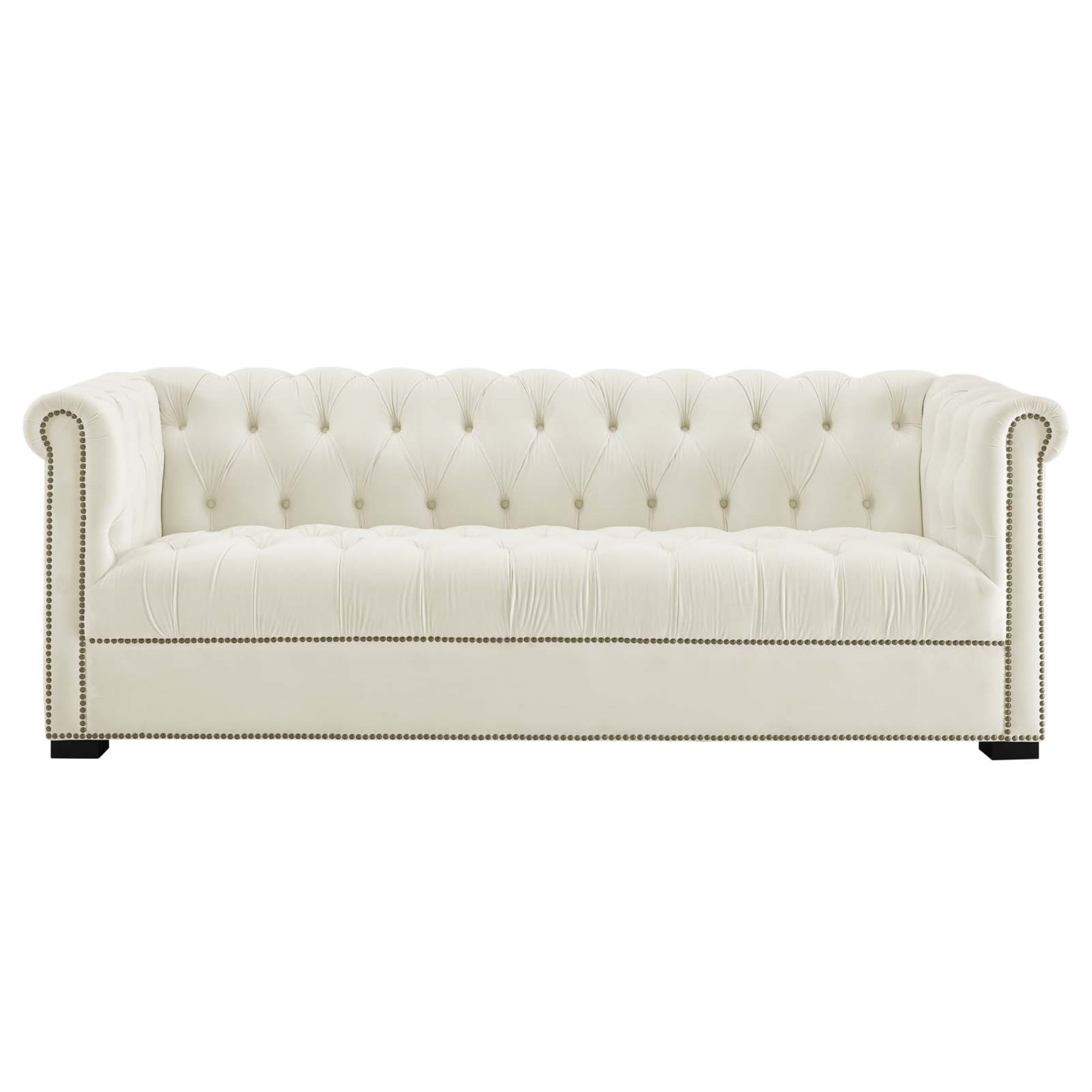 Chesterfield Black Velvet Tufted Sofa with Nailhead Trim and Wood Legs