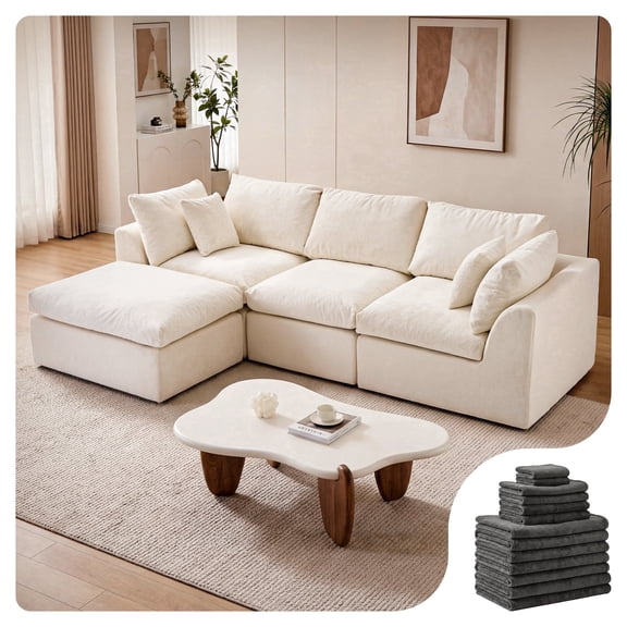 Amsleekey 108" Modular L-Shaped Couch with Ottoman and Extra Washable Cover, Modern Oversized Sectional Sofa Set