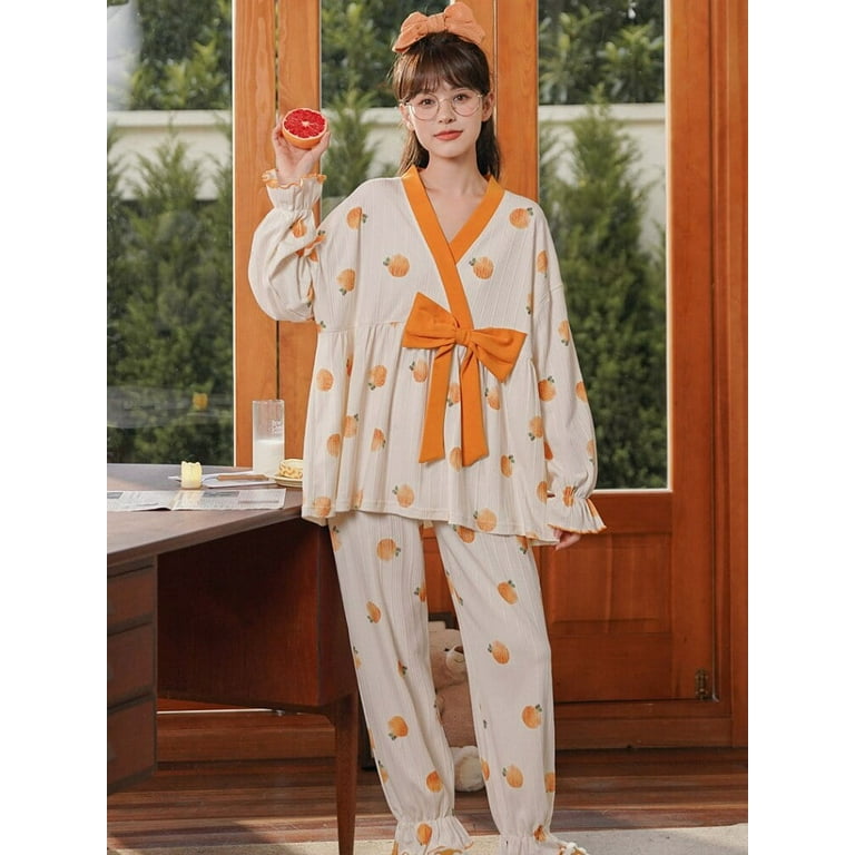 DanceeMangoo Womens Pajamas Set Autumn Winter Kimono Elastic Waist