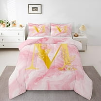 Homewish Initial M Letter Bedding Comforter Set for Girls, Romantic Gold Rose Twin Comforter Sets, Pink Marble Watercolor Reversible Bedding Set, Ultra Soft Bedroom Decor, 2 Pieces