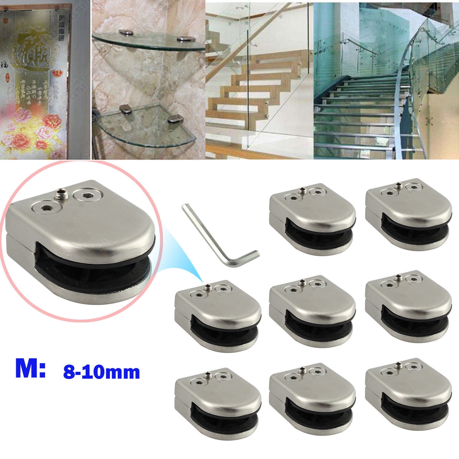 12 X Stainless Steel Glass Clamp 304 Clip Flat Back Bracket 8-10mm For Handrail