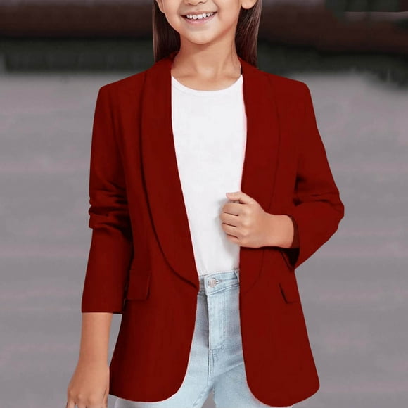 uublik Girls Blazer Lapel Collar with Inner Pocket Open Front Casual Kids Blazers Suit Wine, Size 3-14 Years