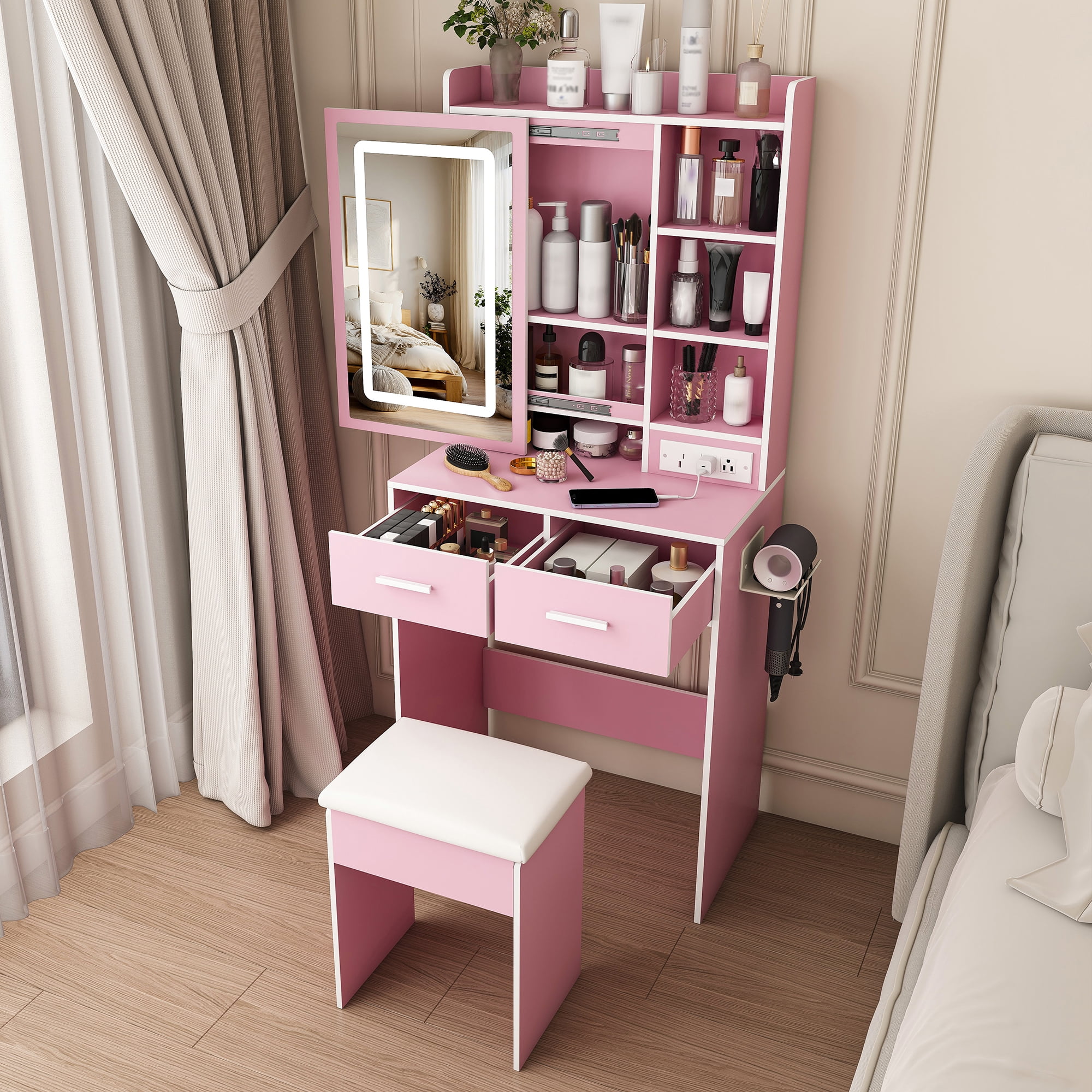 Mintazer Vanity Desk with LED Lighted Mirror, Power Outlets & Cushioned Stool, Makeup Vanity Table with Drawers & Storage Shelves for Girls Bedroom, Pink