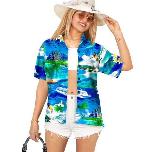 LA LEELA Women's Button Down Blouses Casual Beach Party Blouse Shirt Summer Short Sleeve Tropical Vacation Button up Hawaiian Shirts for Women L Beach Surf, Blue