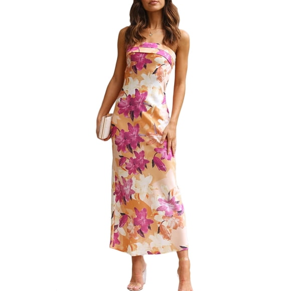 Vestido largo Realtix con estampado de satén de verano sin espalda para mujer