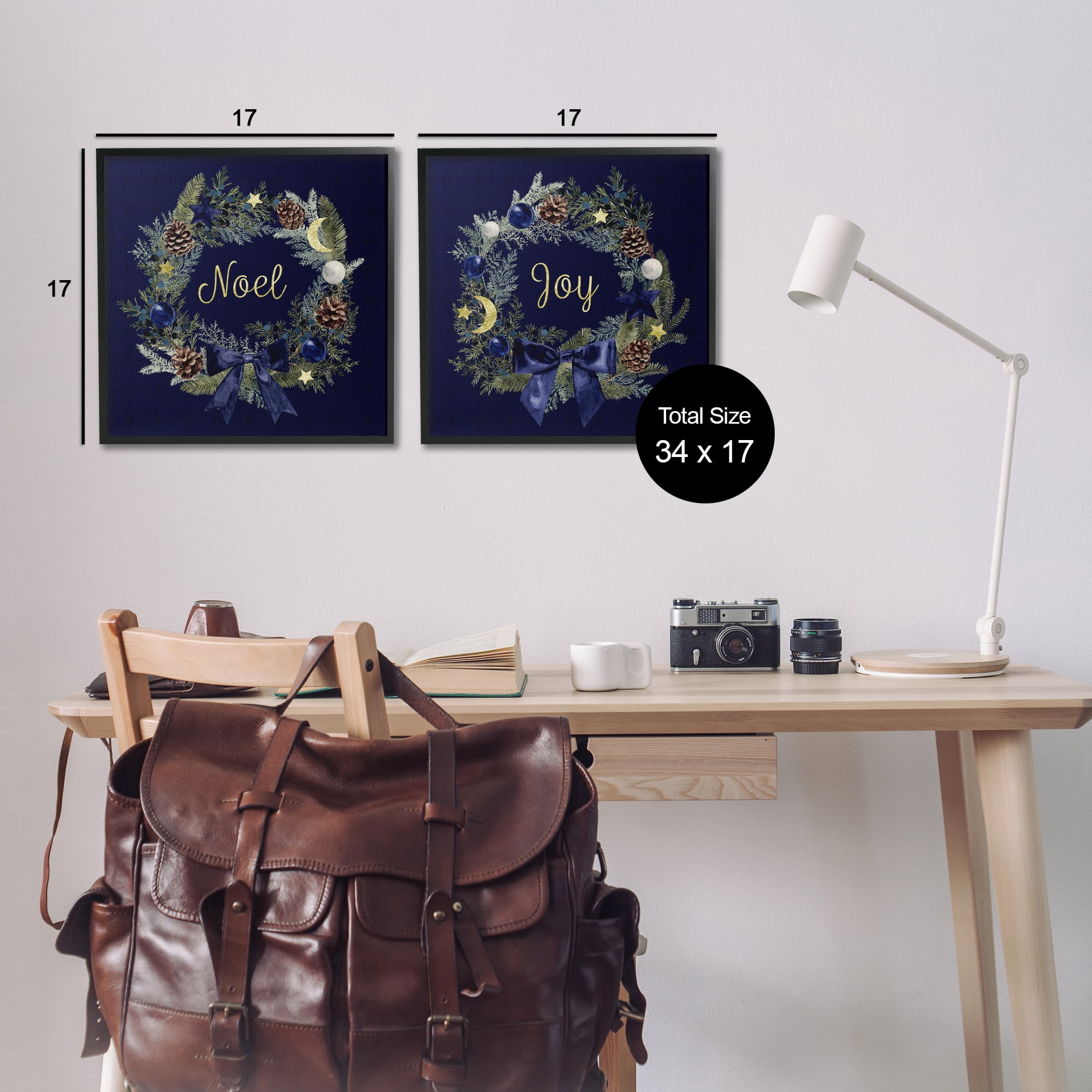 Stupell Industries Noel Joy Balsam Wreath Pinecones Holiday Painting Black Framed Art Prints Wall Art, 17 x 17, Set of 2