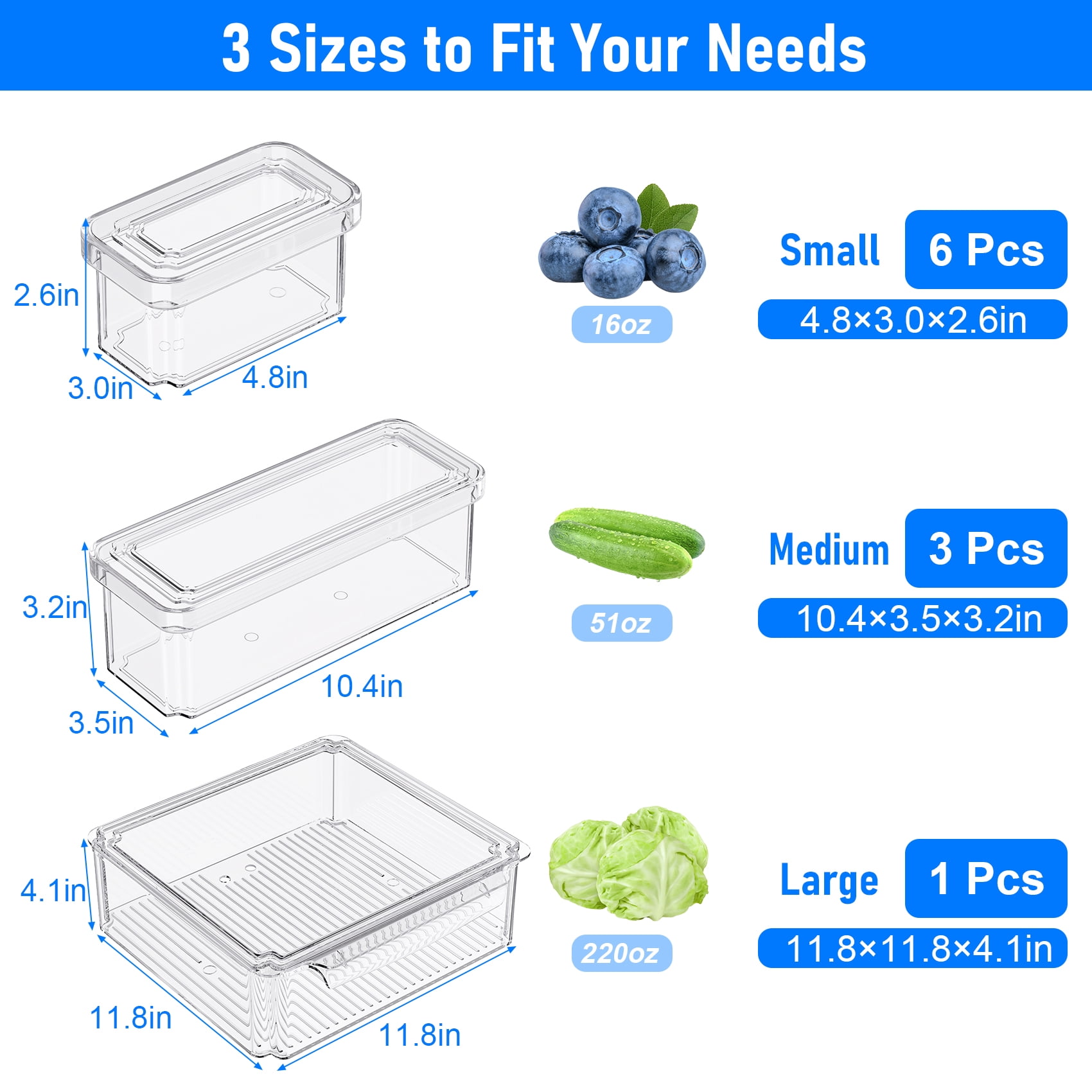 10 Pack Clear Fridge Storage Bins with Lids, Stackable Food Containers with Curved Handle, Kitchen Produce Saver for Fruits, Vegetables and Meat