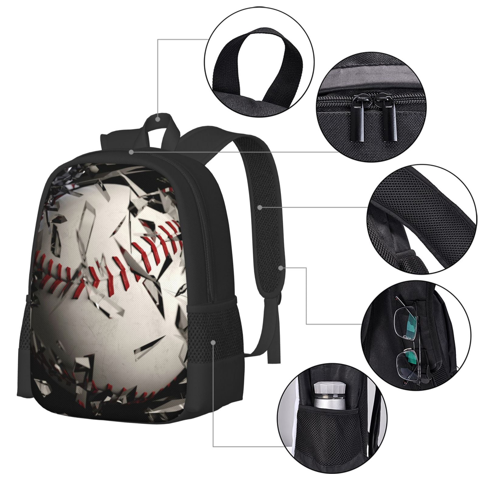 Ratiio Baseball Breaking Glass Backpack for Men and Women - Durable 600D Oxford Cloth -Large Capacity, Water-Resistant School, Travel, and Hiking Bag