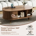 thumbnail image 3 of 42.5" Round Coffee Table with Charging Station, Mid Century Modern Center Table with 360° Sliding Doors and Non-Slip Foot Pads, Fluted Wood Accent Table for Living Room, Office, Walnut, 3 of 7