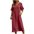 thumbnail image 5 of Ayolanni Women Summer Dresses V Neck Short Sleeve Solid A-Line Maxi Dress Lightweight Daily Flowy Cotton Linen Long Dress with Ruffle Sleeve Red M, 5 of 9