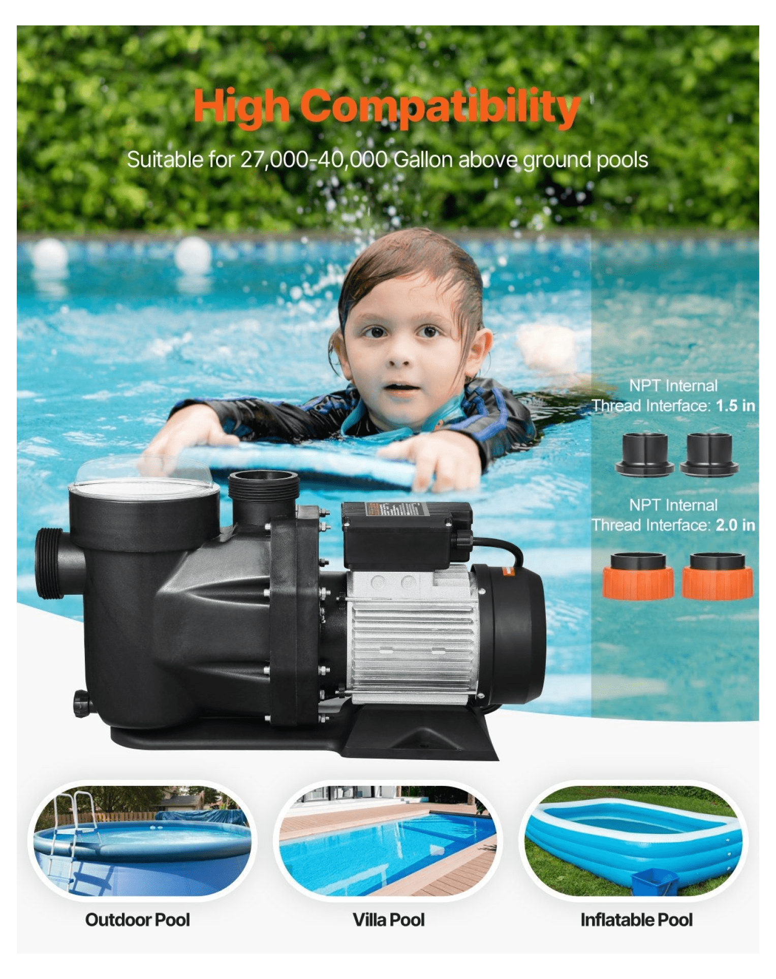 Above Ground Pool Pump 3HP 149 GPM, 220V Single Speed, 42ft Max Head, PP Shell, Pool/Spa/Irrigation, No Plug