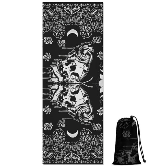 Black Gothic Skull Butterfly Pattern Hot Yoga Mat Towel Non Slip for Hot Yoga - Quick-Drying Yoga Mat Cover with 4 Corner Pockets with Travel Bag - Hot Yoga Towel Non Slip 70"x26"