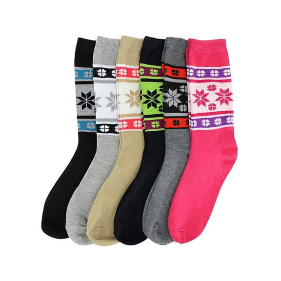 Winter Mix Snowflake Print 6 Pack Assorted Womens Crew Socks
