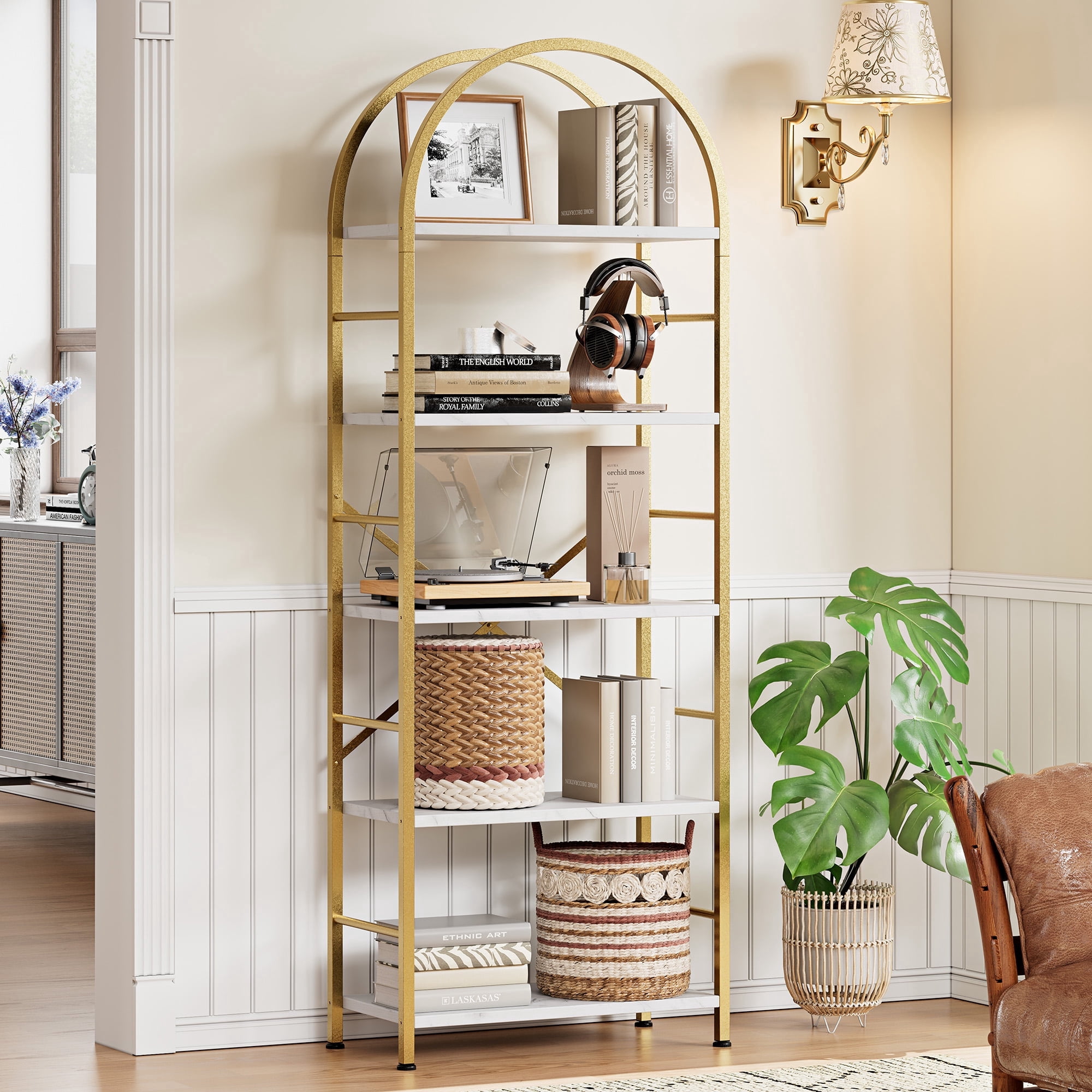 Walsunny 5-Tier Arched Bookshelf Industrial Open Storage Shelf, Display Bookshelves with Metal Frame, Rustic Wood Tall Bookcase for Living Room, Home Office, Gold