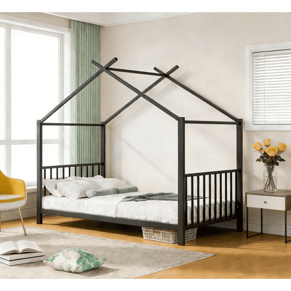 Sesslife Twin Floor Bed,Twin Size Metal House Platform Bed with Support Slats, Solid Metal Bed Frame, Low Profile Design,No Box Spring Needed,Black.