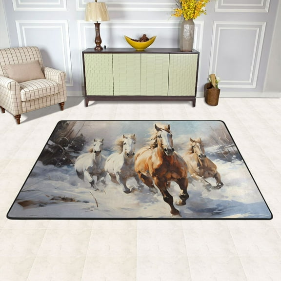 Horses in Snow Area Rug Washable 72 x 48 Floor Carpet Mat Non Slip for Bedroom Living Room Kids Room Home Decor