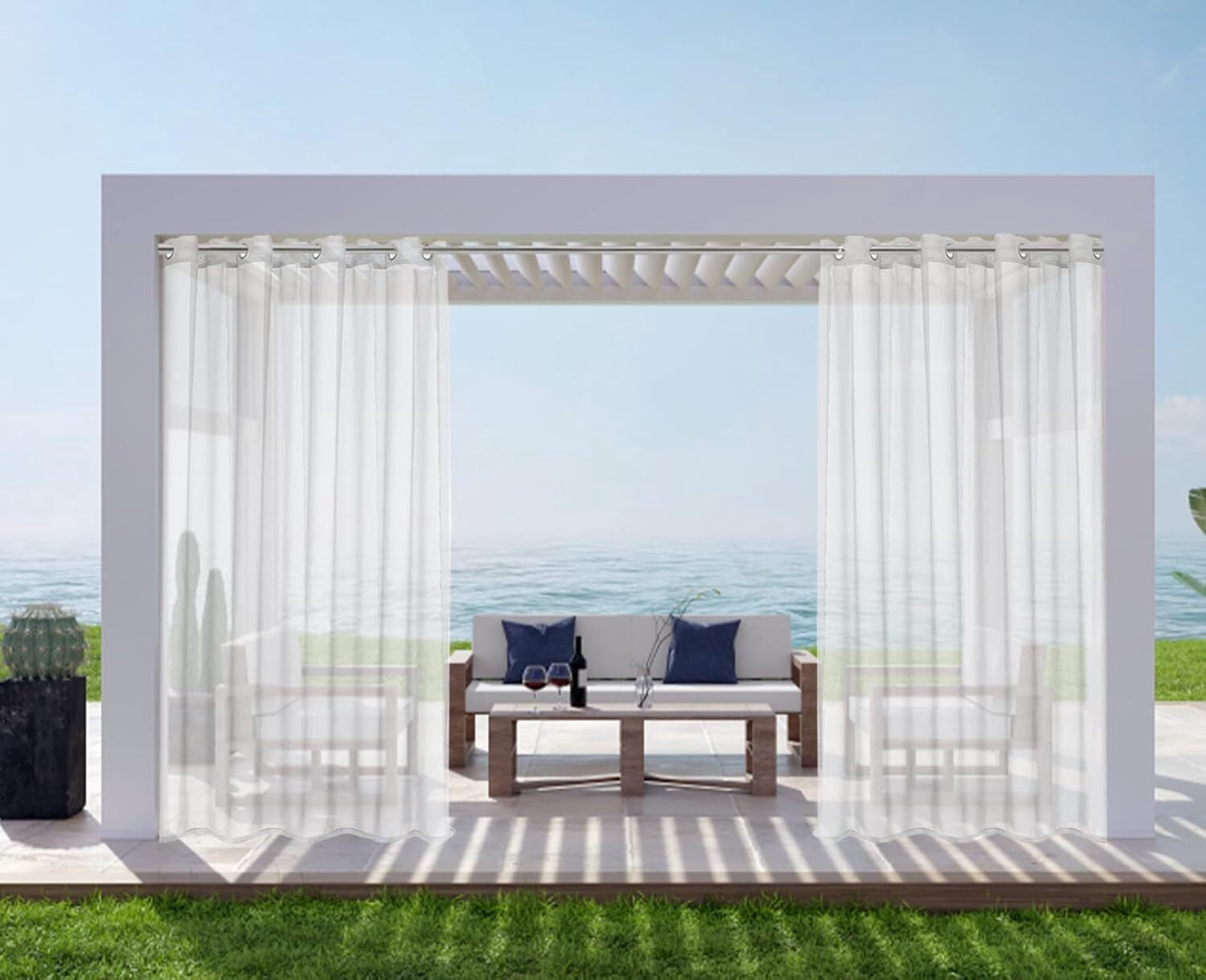 GoXteam White Outdoor Sheer Curtains for Patio Waterproof, 2 Panels Grommet Indoor Voile Sheer Curtain for Living Room, Bedroom, Porch, Pergola, Cabana, 52 x 84 inch