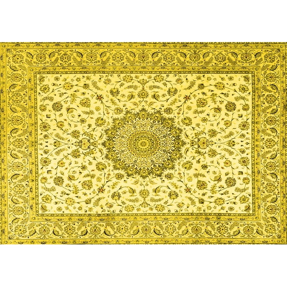 Ahgly Company Machine Washable Indoor Rectangle Medallion Yellow Traditional Area Rugs, 7' x 10'