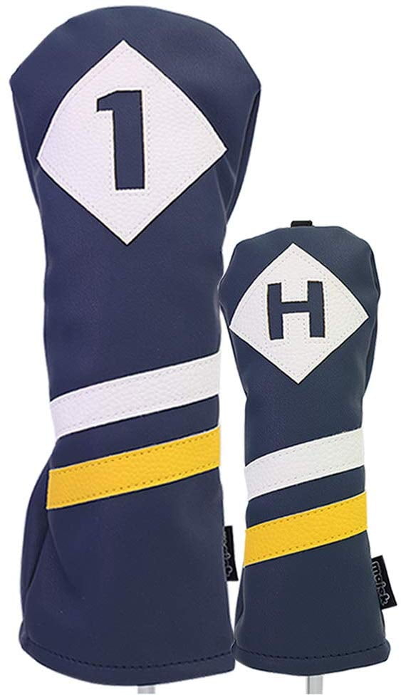 Majek Retro Golf Headcovers Blue White and Yellow Vintage Leather Style