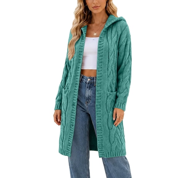 Bzdzmqm Cable Knit Hooded Cardigan for Women Long Open Front Sweater Coat with Pockets Loose Cozy Knitwear Trendy Casual Fall Winter Outerwear Evening Work Office, Green L