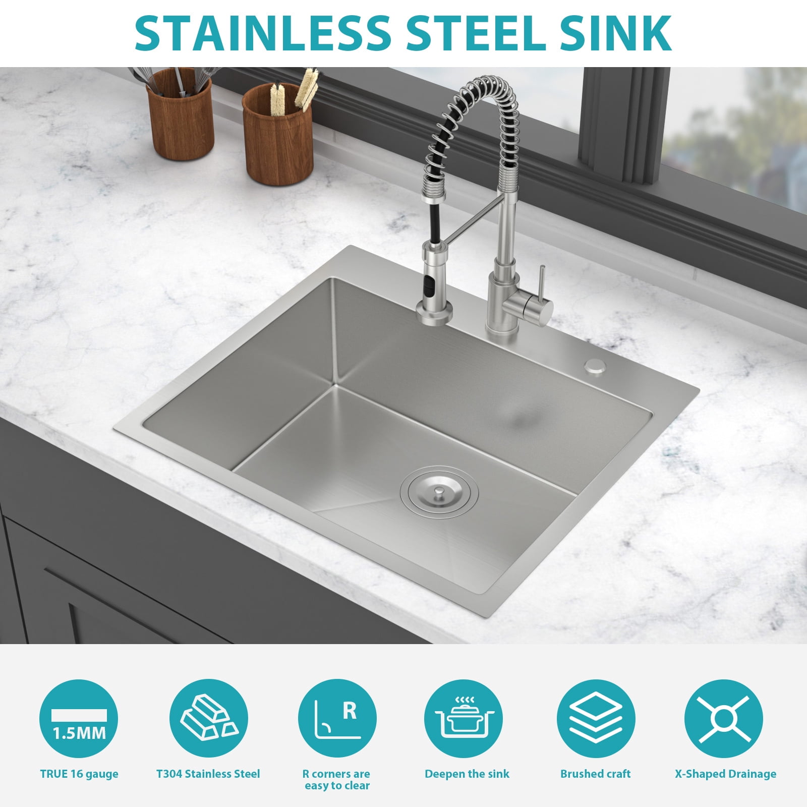 METAFLOWX 25 x 22 x 9 inch Kitchen Sink Drop In 16 Gauge Stainless Steel 25" Single Bowl Topmount Kitchen Sink Basin with Drain Assembly