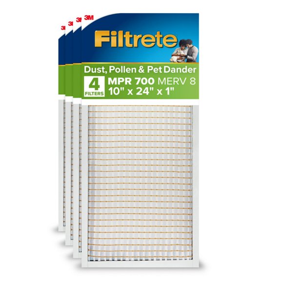 Filtrete 10X24X1 Ac Furnace Air Filter, Mpr 700, Merv 8, Tough On Pollen, Easy On Airflow, 3-Month Pleated 1-Inch Electrostatic Air Cleaning Filter, 4-Pack (Actual Size 9.81 X 23.69 X 0.81 In)