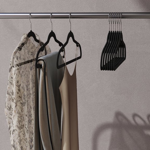 LEDREM 50-Pack Velvet Non-Slip Hangers, Slim Space-Saving Closet Hangers with Swivel Hooks & Pant Bars, 11lb Capacity Each, Ink Black
