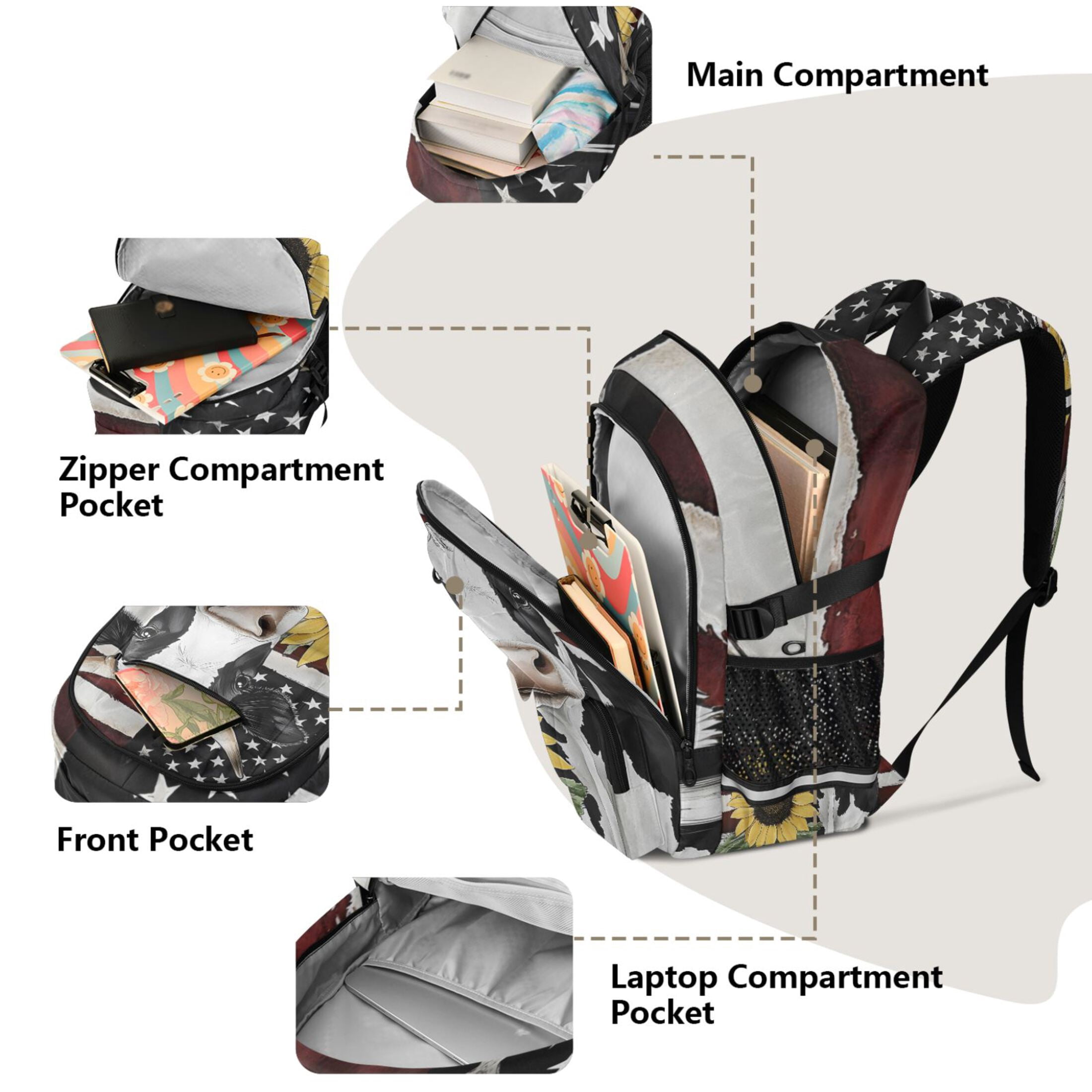 ALAZA Cow with Flag Sunflower Print Student Backpack School Bookbag Large Laptop Daypack Travel Bag