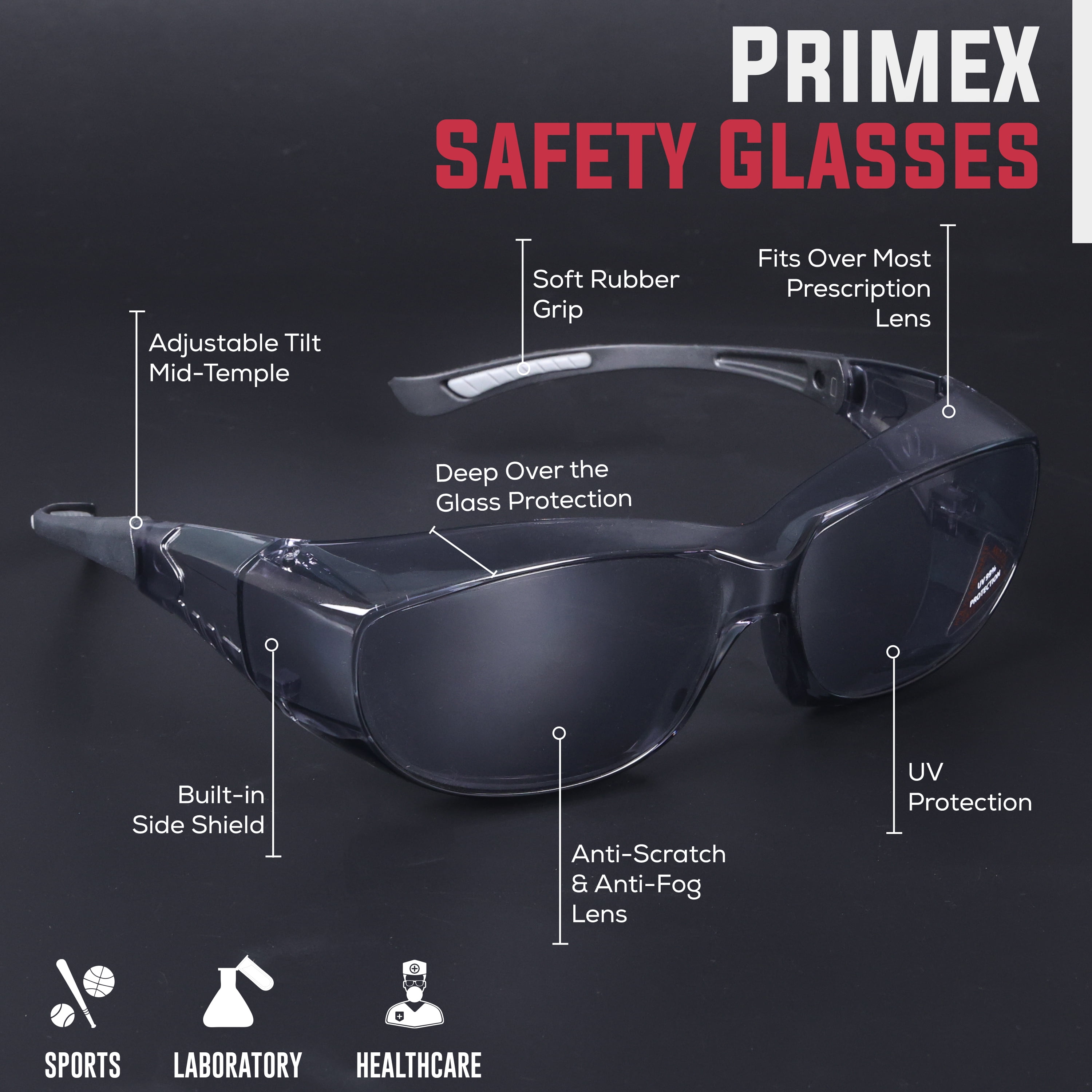 Zayaan Health PrimeX Gray Lens Black Temple Safety Glasses For Men/Women, Anti-Scratch & Fog (Pack of 144)