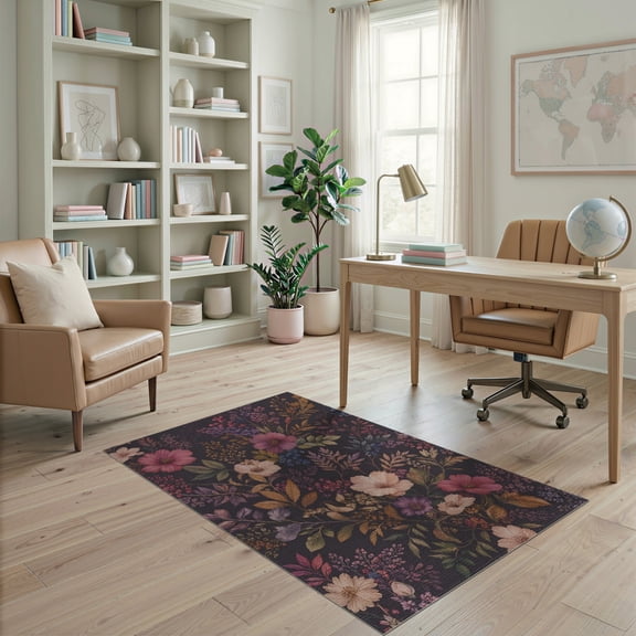 ODIKA 4'x6' Deep Floral Tones Vintage Elegance Washable Area Rug Intricate Botanical Pattern with Classic Charm for Home Office, Under Desk, Non-Slip Chair-Friendly, Flatwoven