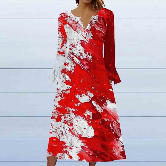 WFJCJPAF 2025 New Halloween Halloween Dresses for Women Plus Size for Summer,Women's Fashion Printed Casual Long Sleeve V-Neck Dress - Red XL