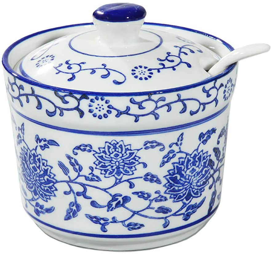 DoDola Ceramics Modern Colorful Sugar Bowl Spice Jar with Lid and Spoon Seasoning Box Condiment Pots Blue 