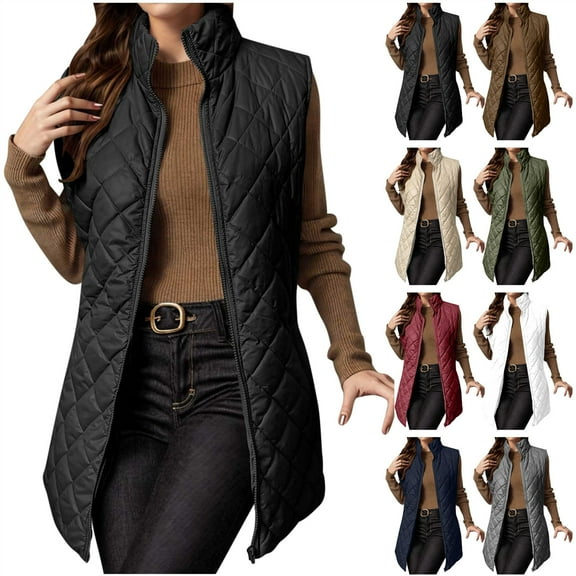 QATAINLAV Long Puffer Vest Womens Winter Quilted Down Vests Casual Stand Collar Full Zip Sleeveless Jacket Outerwear with Pockets, Green, L