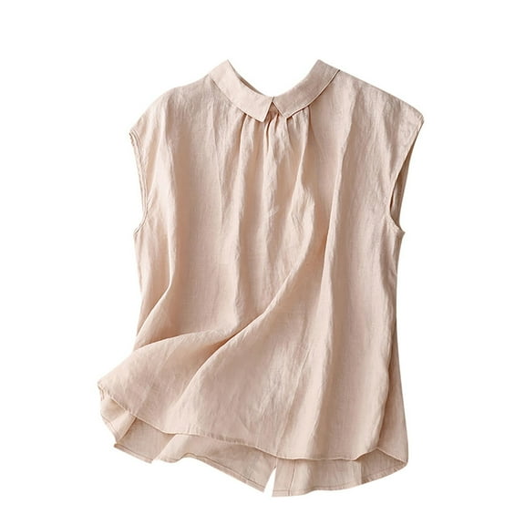 Lovskoo Cotton Linen Summer Tops for Women 2024 Tank Tops Doll Collar Sleeveless Classic Lapel Solid Color T Shirt Tank Top Lapel Tank Top Pink