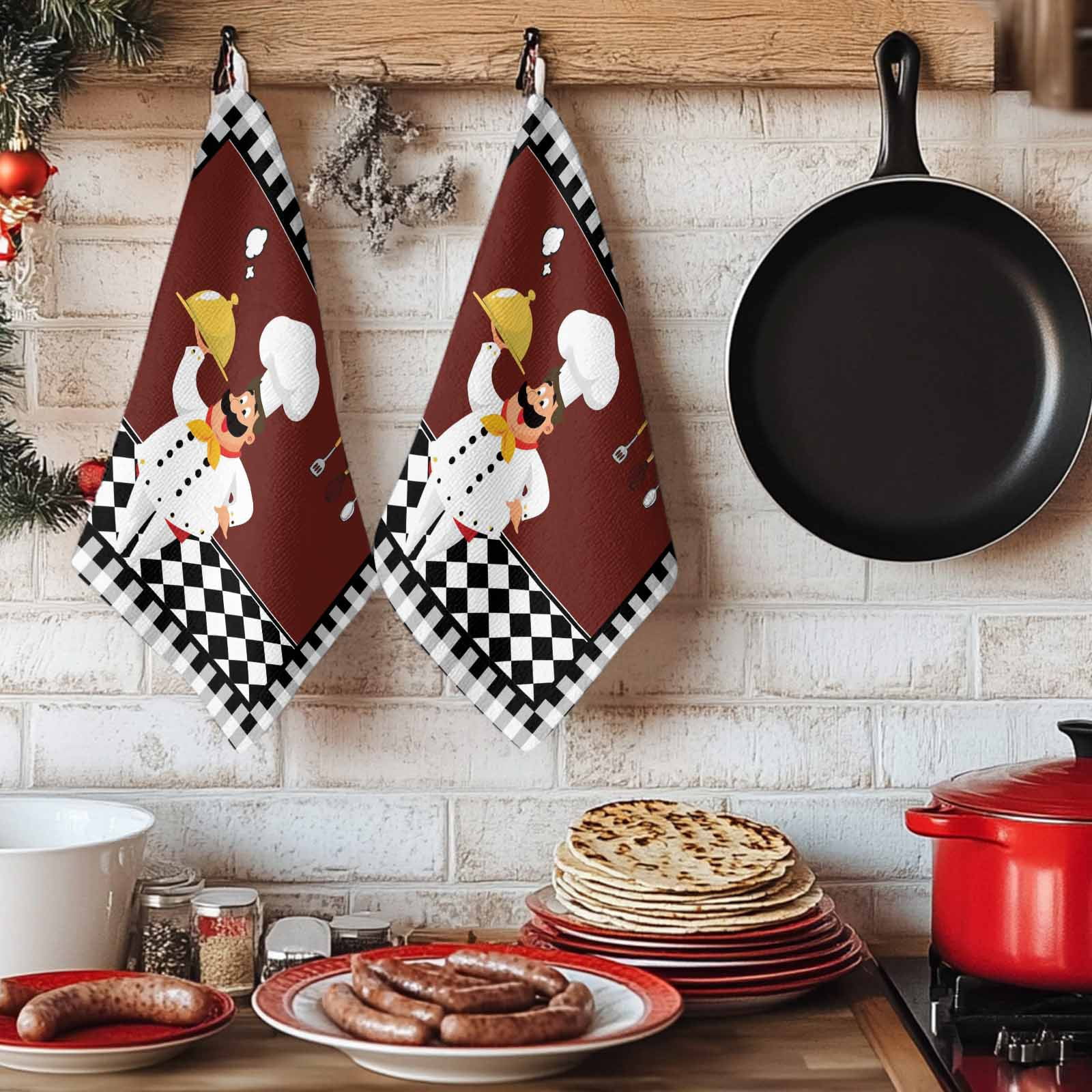Dish Towels, Cartoon Chef Absorbent Kitchen Towels 2 PCS, Kitchen Gourmet Black Plaid Microfiber Hand Towels Dish Cloths Tea Towels for Home&nbsp;Bathroom Cleaning Drying,18X28-Inch,