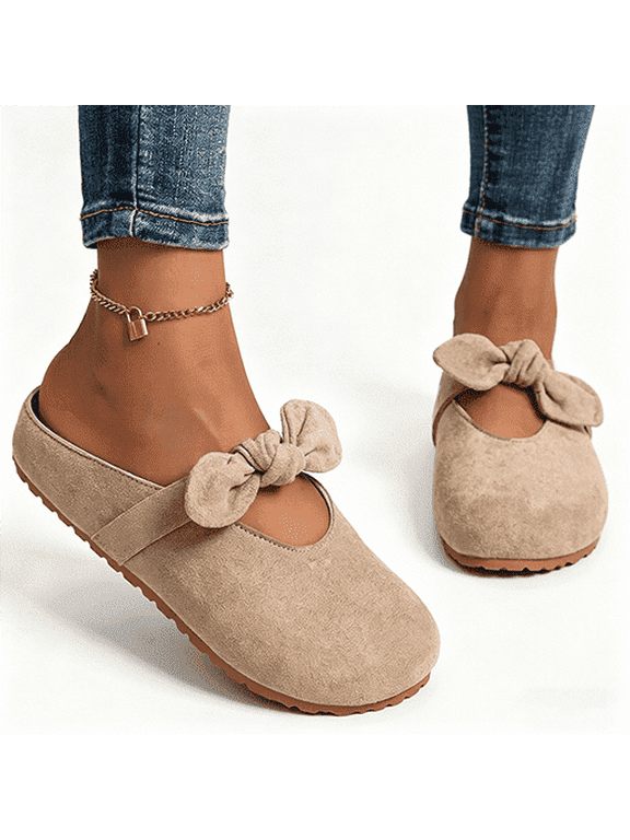 Women's Bowknot Faux Suede Mule Clogs, Slip-On Closed-Toe Casual Comfort Slides