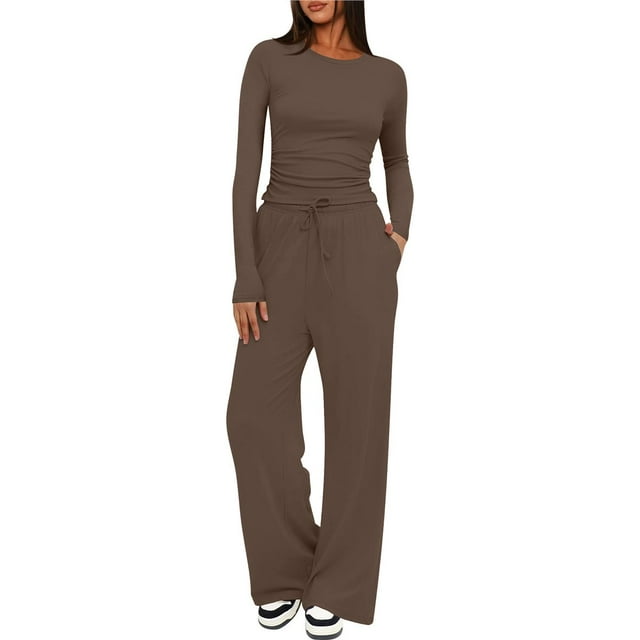 Conjuntos de 2 Piezas para Mujer, Conjuntos de Otoño, Chándales de Larga y Pierna , Conjuntos Casuales para Estar en Casa, Conjuntos A Juego. Café Marrón XS