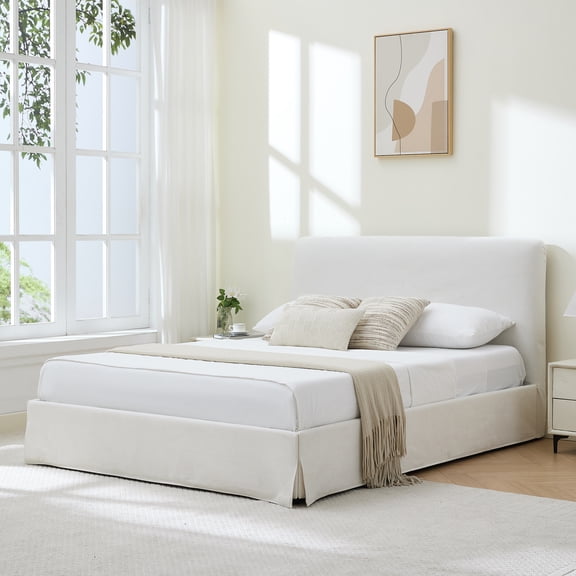 VELOCAVA Queen Size Bed Frame with Lift Up Storage, Upholstered Platform Bed with Skirted Design, Curved Padded Headboard, Wood Slat Support, No Box Spring Needed, Cream White