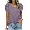 thumbnail image 2 of Vmvidoty Women Pleated Puff Short Sleeve Top Casual Summer Tops 2026 V Neck Short Puff Sleeve Pleated Cotton T Shirts Loose Dressy Blouses Purple S, 2 of 9