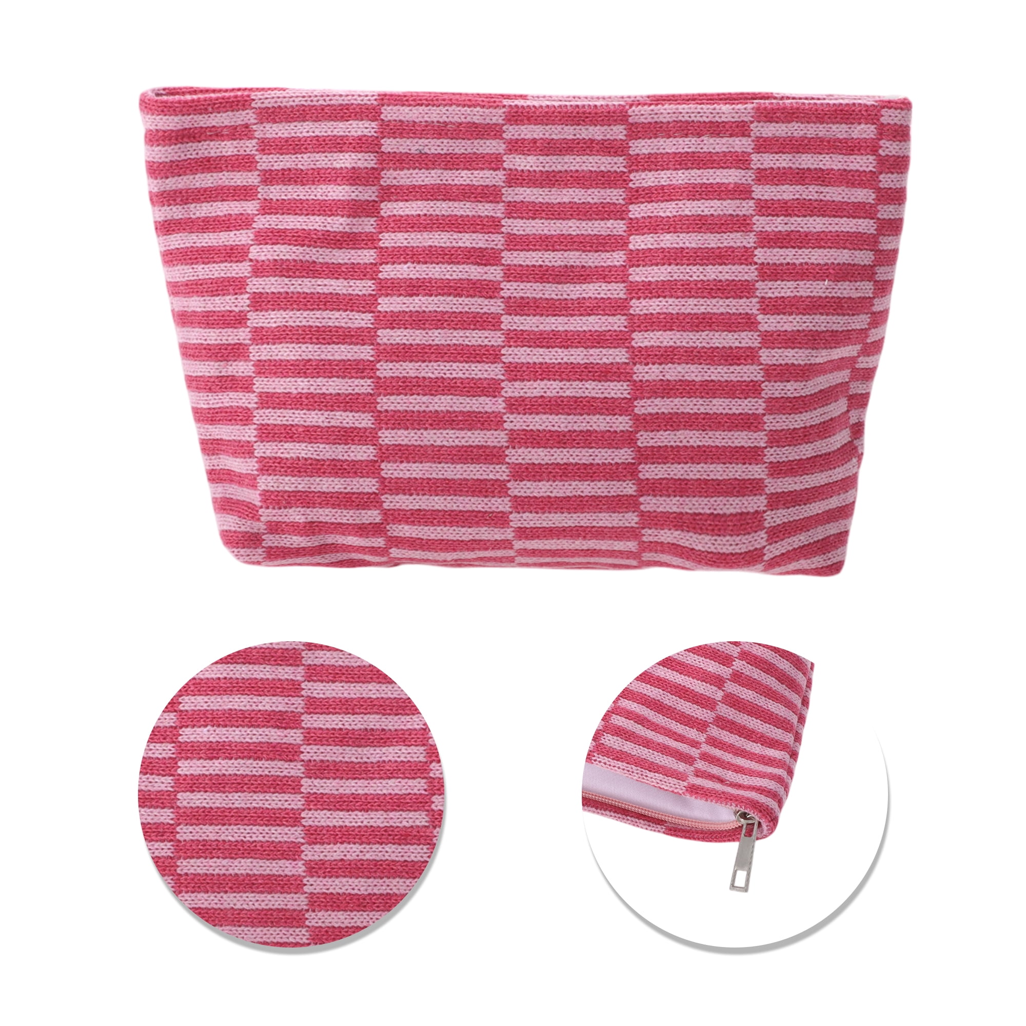 Unique Bargains 1 Pc Knitted Stripes Makeup Bag for Everyday Use Rose Red, Pink