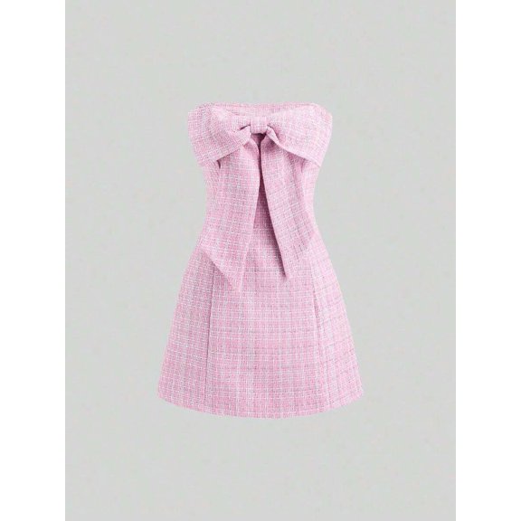 Pink Tweed Strapless Mini Dress With Front Bow Knot A-Line Fit