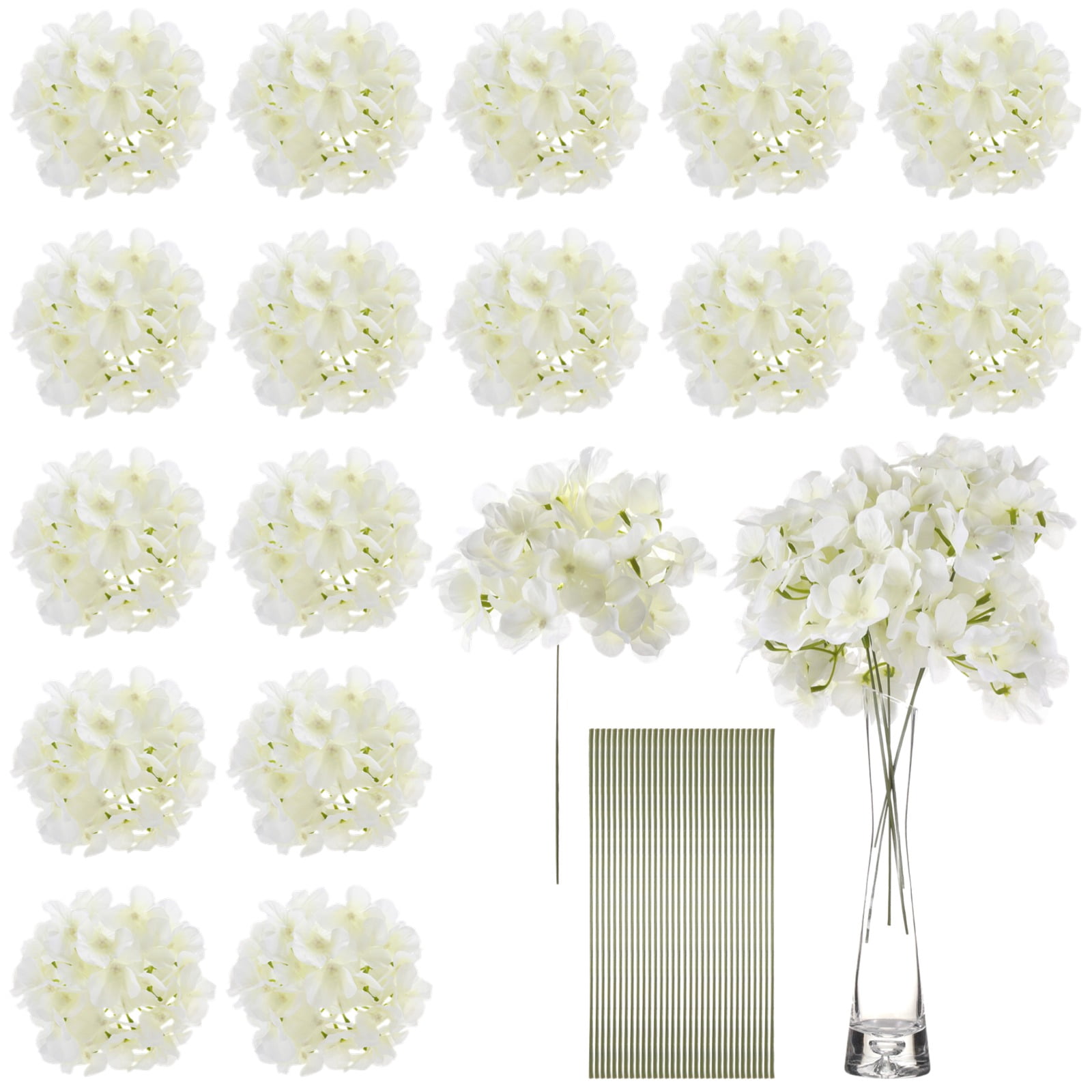 64 PCS Artificial Hydrangea Flowers, Silk Hydrangea for Wedding Centerpiece, Faux White Silk Flowers with Stems for Bouquets, Aisle Arrangements, Event Decor