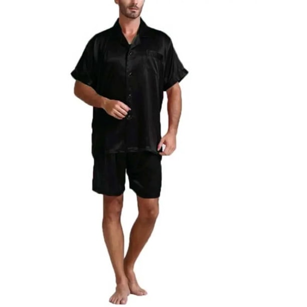 SAYOO Traje de pijama para hombres, chaqueta de boton de manga corta de color solido + pantalones cortos SAYOO moda