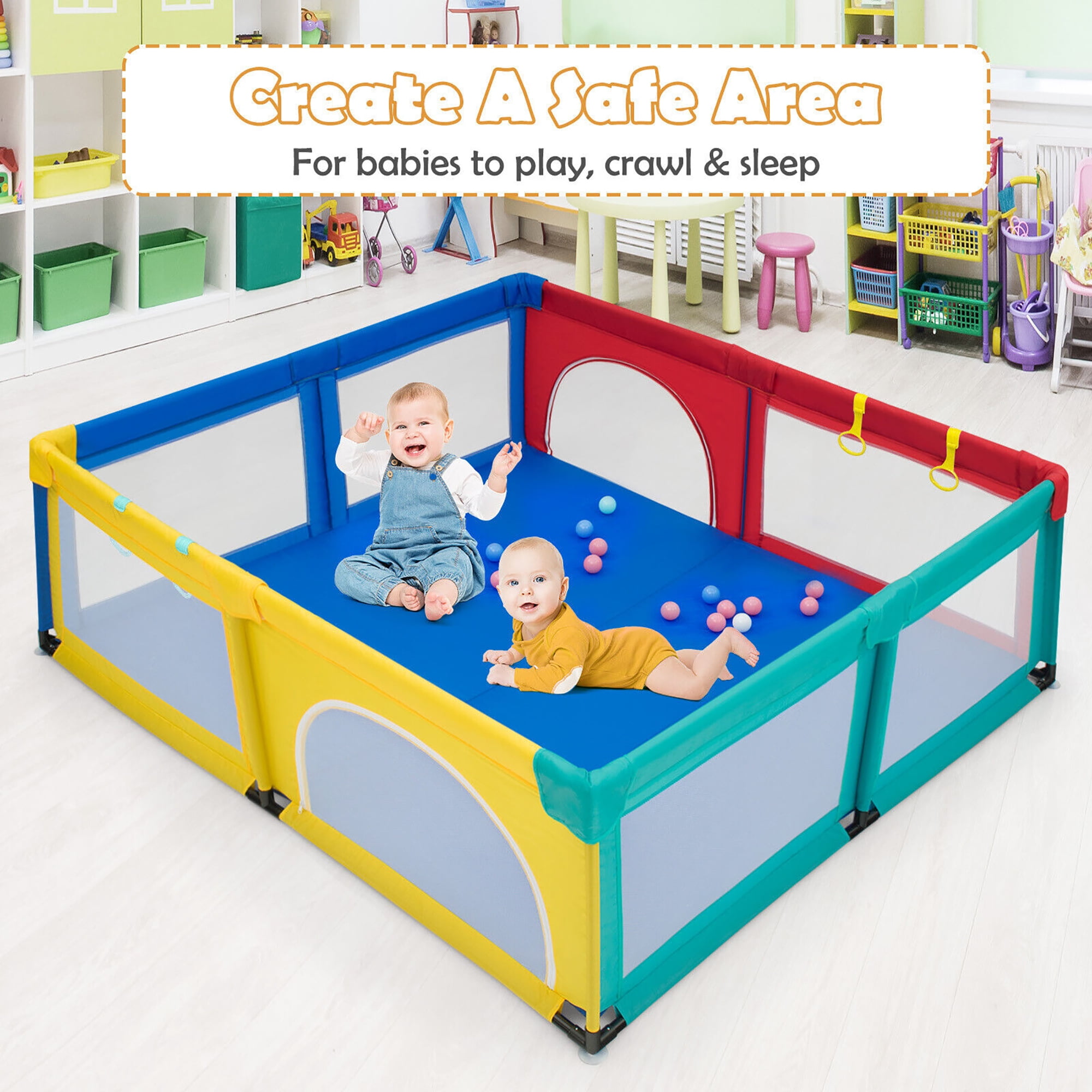 Gymax Extra Large Baby Playpen Safety Baby Play Yard w/ 50 Ocean Balls & 4 Handles Colorful