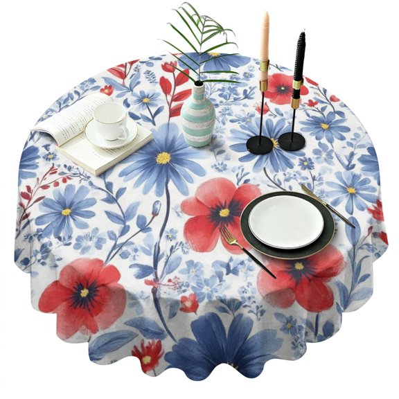 Pioneer Flower Floral Print Pattern Round Tablecloth 60"x60",Wrinkle Wipeable Table Cloth for Kitchen Dining Room Picnic Patio Party