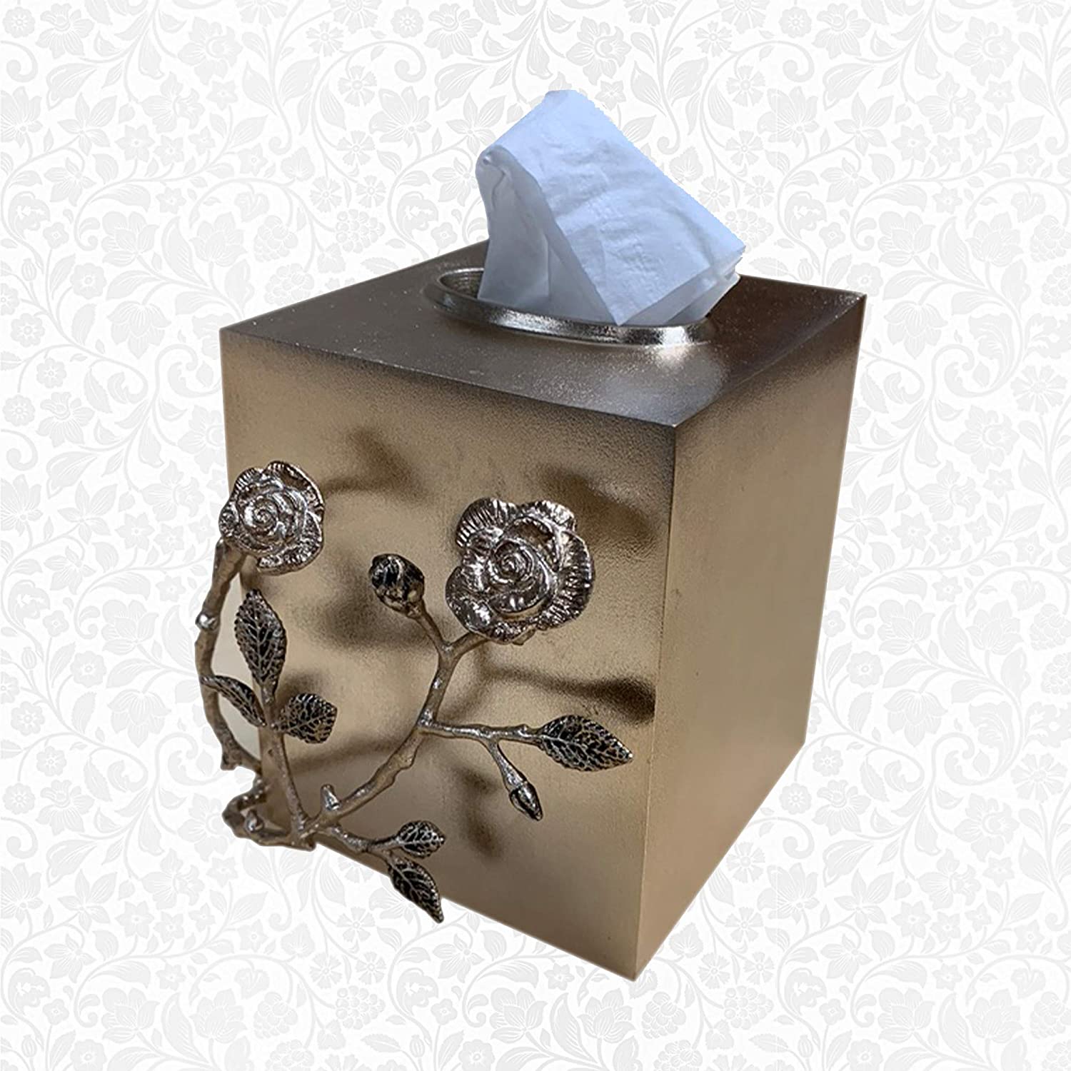 Decozen The Vintage Rose Collection Tissue Box Cover in Gold and Antique Gold Aluminum and