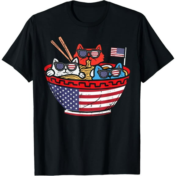 Cats Ramen Anime American Flag USA Funny 4th Of July Fourth T-Shirt Tops Tee
