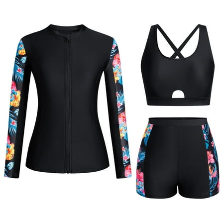 Wancir Women 3 Piece Rash Guard - 3PC Long Sleeve Zip up Swim Shirt Sports Bra Modest Swimsuit with Shorts