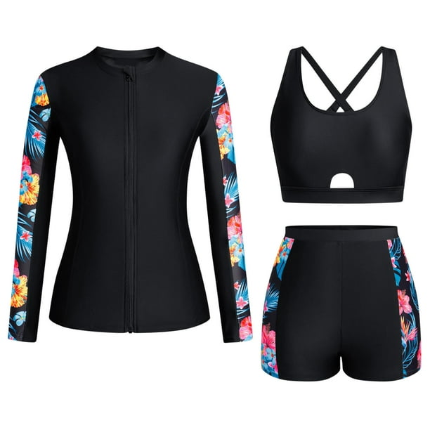 Penkiiy 3 piezas de la mujer Print Rash Guard, trajes de baño de manga larga cremallera construido en Bra Swim Shirts con boyshorts Diving Suit Surfing Split Swimsuit Set